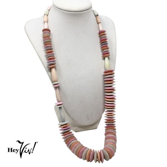 Pastel Pink and Green Flat Bead Necklace w Asymmetrical Look 26" Long - Hey Viv - Picture 5 of 6